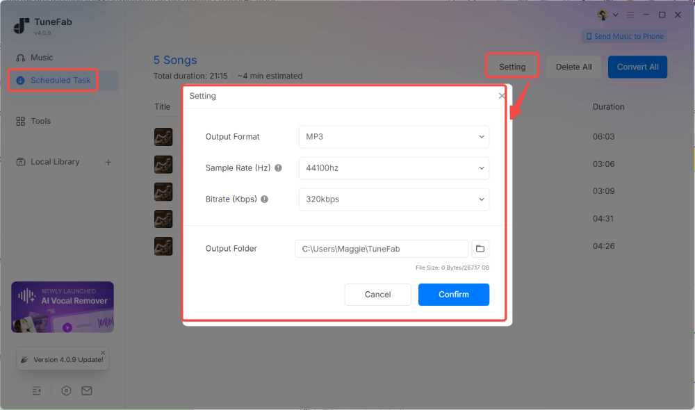 Choose output format for YouTube Music downloads in TuneFab
