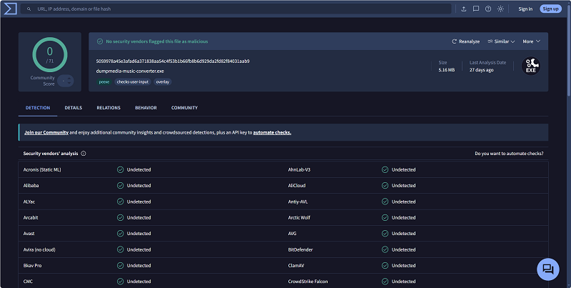 DumpMedia Spotify Music Converter VirusTotal Test