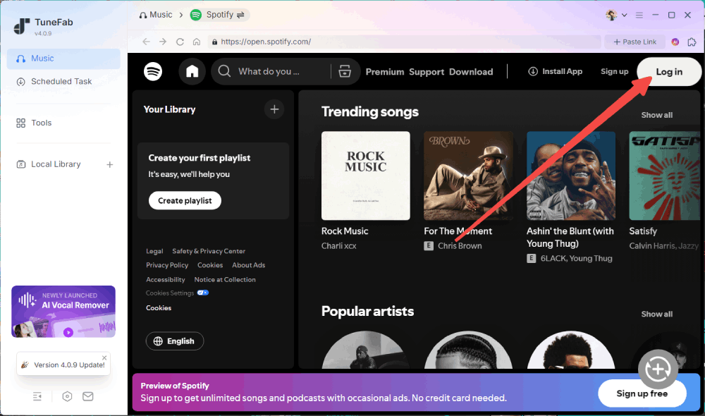 TuneFab Spotify Converter Log in Interface