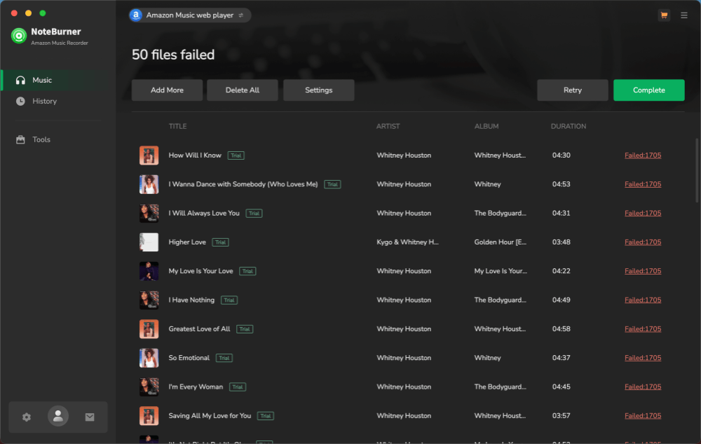Failed to Convert Amazon Music via NoteBurner