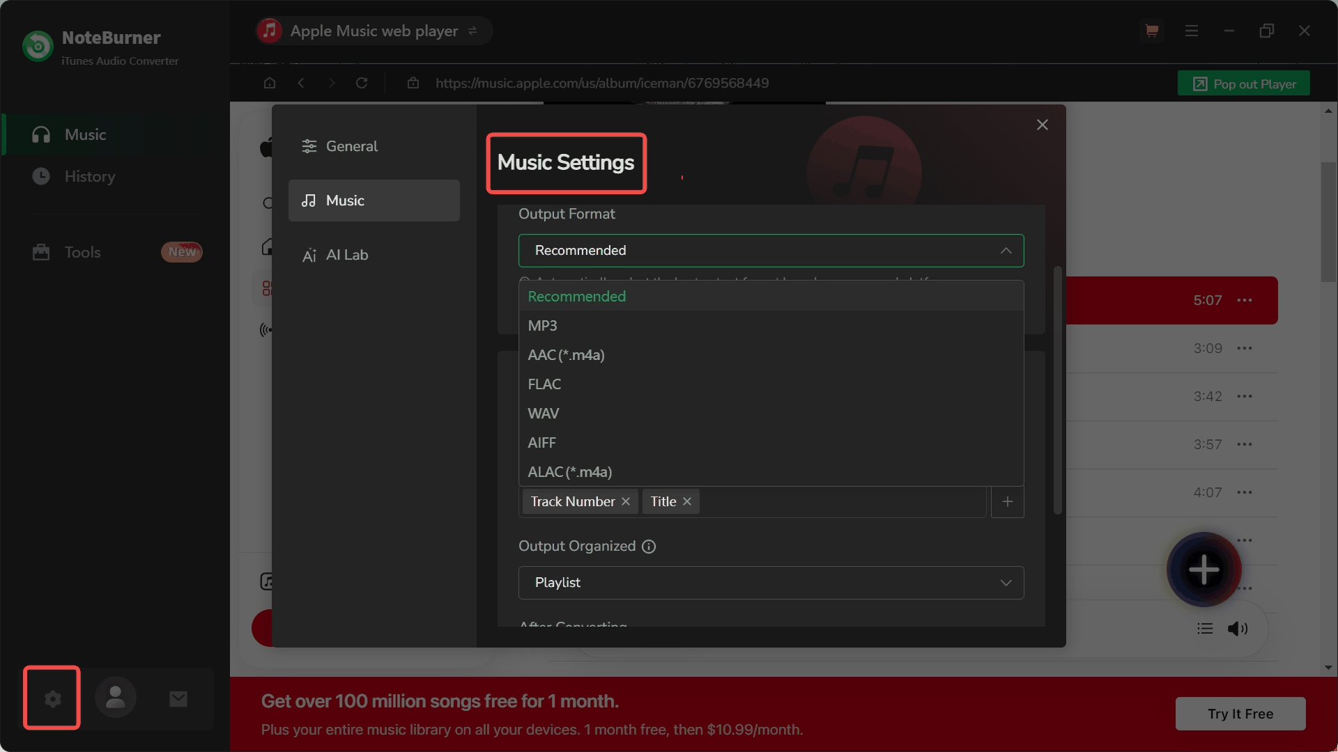 NoteBurner Adjust Modes and Output Settings