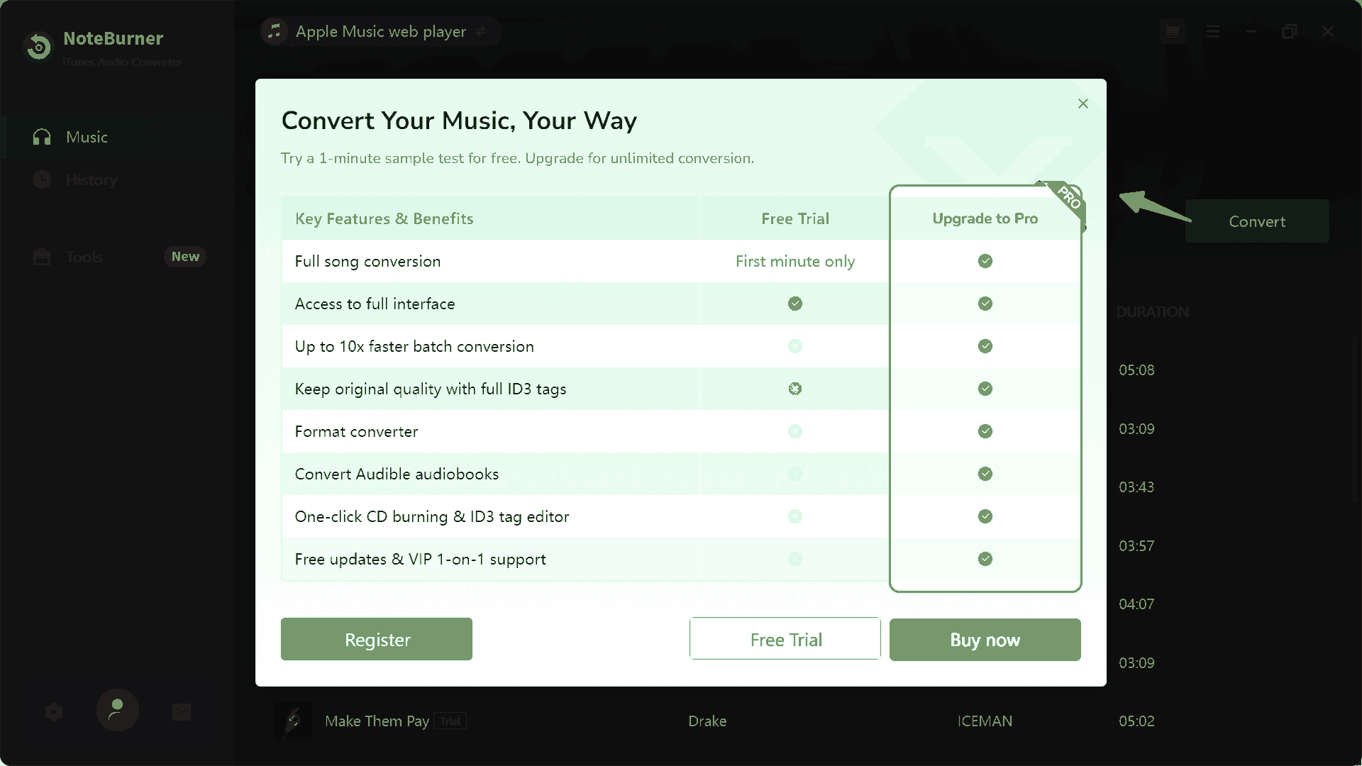 NoteBurner Purchase Prompt Appears Before Conversion