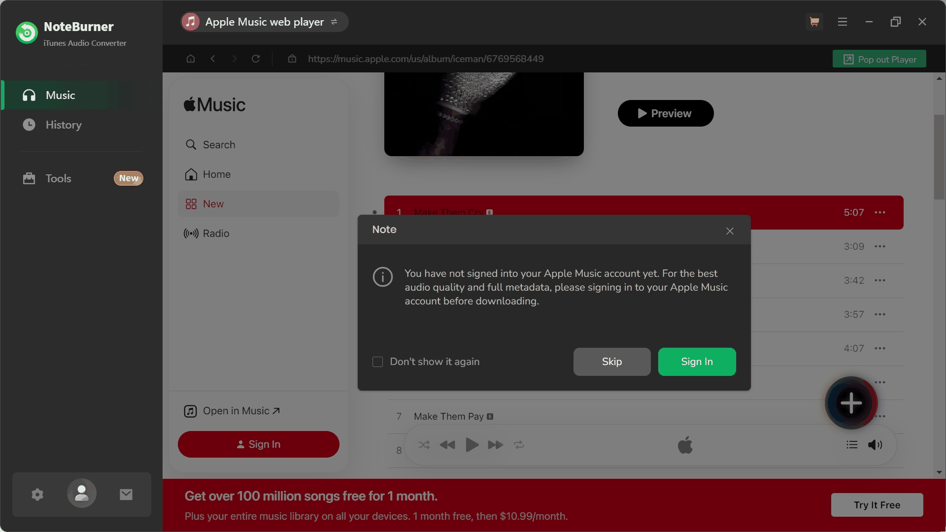 NoteBurner Add Tracks Without Logging In