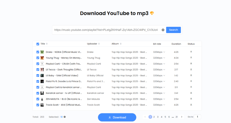 TuneFab Online Playlist Ready for Download Interface