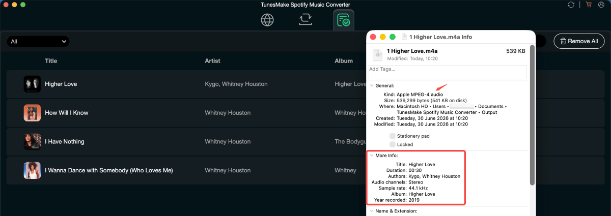 TunesMake Spotify Music Converter Check Downloaded Song Info